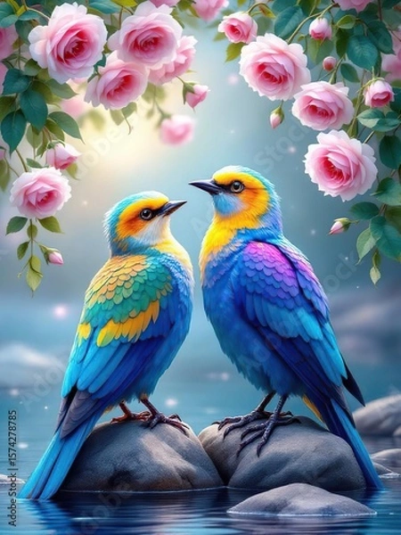 Obraz Two colorful birds perched on rocks near water and pink roses in a dreamy serene environment
