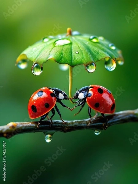 Obraz Two ladybugs under a leaf umbrella with water droplets on a branch in a macro shot on a green background