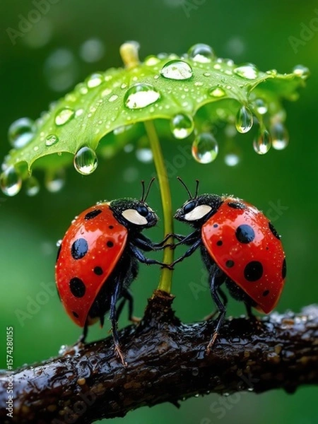 Obraz Two ladybugs holding hands under a leaf umbrella with water droplets on a branch in nature close up