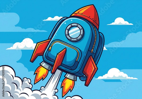 Fototapeta Fun Cartoon Illustration of a Rocket Backpack Launching - Exciting Back to School and Learning Potential Concept