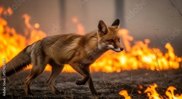 Fototapeta A wild fox walking through a burning landscape with flames in the background. Wildlife and nature under threat.