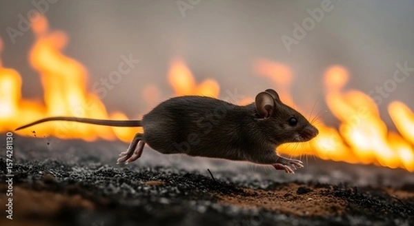 Fototapeta Little mouse jumping and running away from a large dangerous fire. Wild animal in a natural disaster concept.