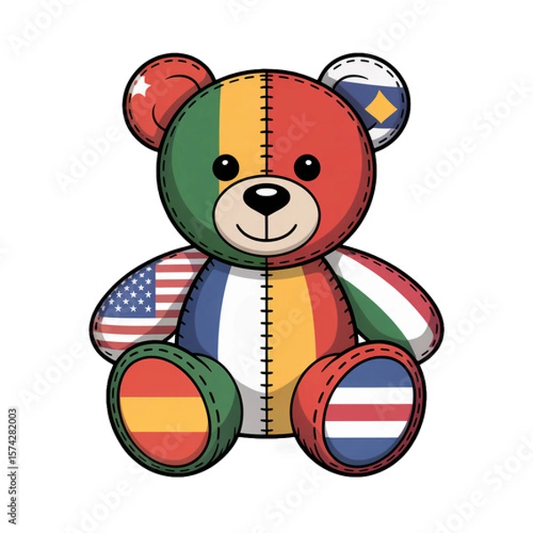 Fototapeta A cute teddy bear with international flags isolated on transparent background represents global unity