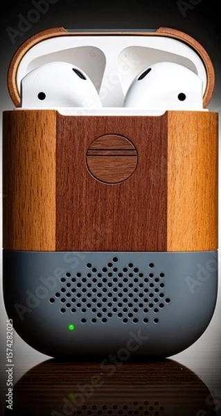 Fototapeta Wood-accented wireless earbuds case, featuring a dark gray and light brown wood-grain pattern, with a textured ventilation panel and a small green light visible