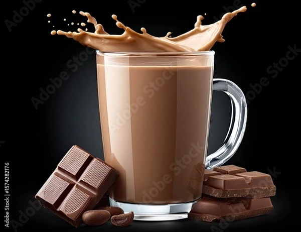 Fototapeta Glass mug of chocolate drink with splash, surrounded by chocolate bars and coffee beans