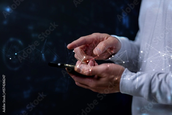 Fototapeta future network concept Hand touching the Metaverse Universe, A Conceptual Shift in Digital Transformation for Next-Generation Technology.