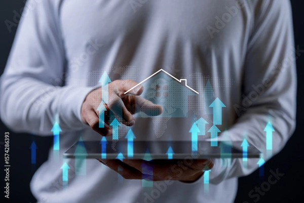 Fototapeta real estate investment concept energy efficiency rating and property value, Real estate online on virtual screens. new home for the family, home search, land price, property tax.