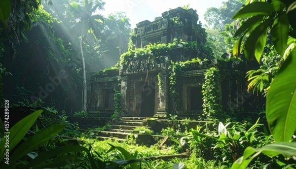 Fototapeta ancient jungle-covered temple ruins bathed in sunbeams and mystery, blending stone architecture with lush natural overgrowth