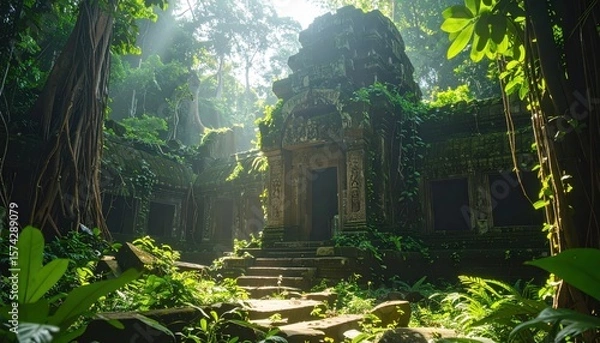 Fototapeta ancient jungle-covered temple ruins bathed in sunbeams and mystery, blending stone architecture with lush natural overgrowth