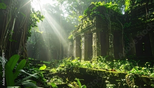 Fototapeta ancient jungle-covered temple ruins bathed in sunbeams and mystery, blending stone architecture with lush natural overgrowth