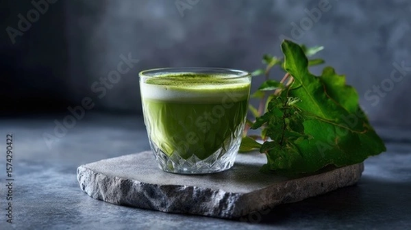 Fototapeta Green Matcha Smoothie in Glass on Stone