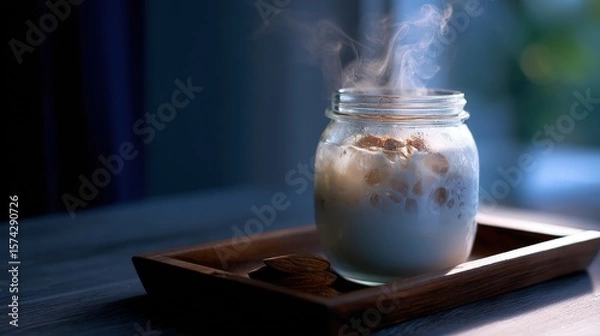 Fototapeta Steaming Hot Drink in Glass Jar on Wooden Tray