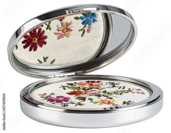 Fototapeta Open Silver Compact Featuring Floral Needlepoint Design Inside, Isolated on Transparent Background PNG