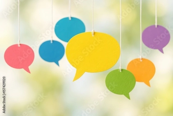 Fototapeta Colorful Speech Bubbles Hanging Lightly Symbolize Dialogue, Communication, and Modern Connection Against a Soft Focus Background.