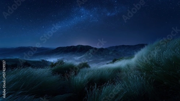 Fototapeta Night Landscape with Milky Way and Starry Sky Over Rolling Hills