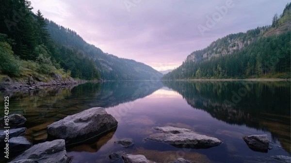 Fototapeta Serene Mountain Lake Reflection at Dusk