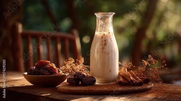 Fototapeta Creamy Date Milk Drink with Cinnamon and Sunlight