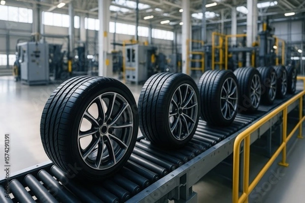 Fototapeta Newly manufactured modern tires advance along the automated production line, ready for distribution showcasing industrial technology and manufacturing excellence.