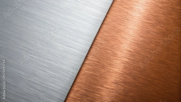 Fototapeta The brushed metal background features a diagonal split between silver and copper textures