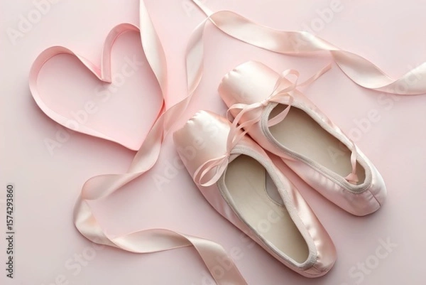 Fototapeta Pink ballet pointe shoes with satin heart-shaped ribbon placed on matching surface, evoking elegance, romance, and artistic dedication