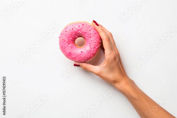 Fototapeta Female hand holding pink glazed donut with colorful sprinkles on white background. Ideal image for food design, advertising, bakery branding, menu visuals, or promotional dessert campaigns.