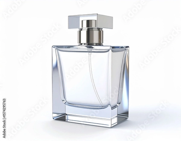 Fototapeta the image showcases a glass container used for scent, set against a plain white background. the container has a rectangular body and a metallic cap with angular lines