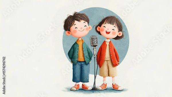 Fototapeta Cute Cartoon Kids Singing with Vintage Microphone