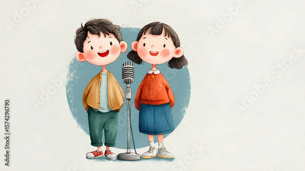 Fototapeta Cute Cartoon Kids Singing with Vintage Microphone