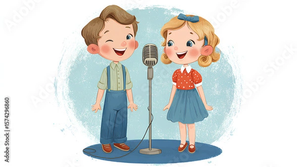 Fototapeta Cute Cartoon Kids Singing with Vintage Microphone