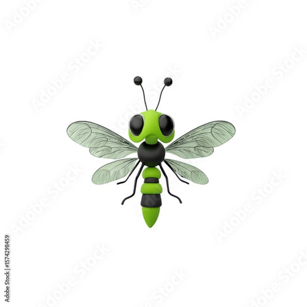 Fototapeta Cartoon insect figure with segmented black and green body, bright green head with large eyes and delicate white leaf-shaped wings with black veins