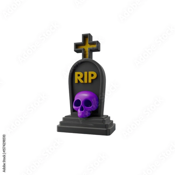Fototapeta A black headstone features a cross on top, with the letters 'RIP' written in yellow. Below that is a cartoonish, purple skull