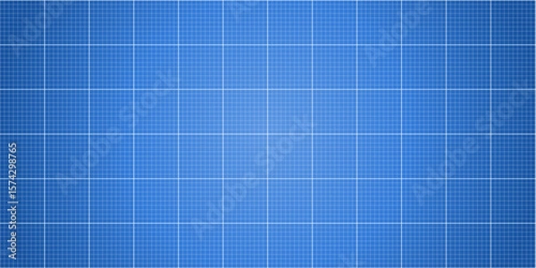 Fototapeta Bright horizontal blueprint with glowing white grid on blue background. Futuristic tech or architecture theme.