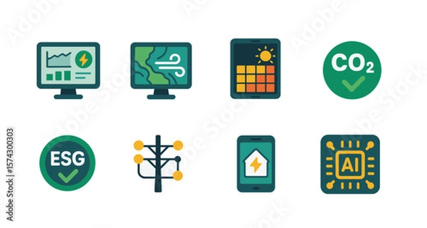 Fototapeta Smart grid and energy data flat icons. Wind forecast map, solar insolation heatmap, carbon credit symbol, ESG compliance badge, smart grid connection, home energy monitor app, AI energy analytics