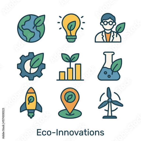 Fototapeta Eco-innovations icon set. Sustainable development and green technology icons, flat outline style