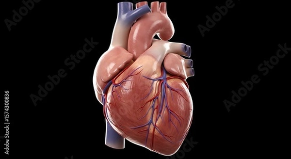 Fototapeta Highly detailed 3D rendering of a human heart isolated on a black background. Scientific graphic showing the appearance and blood vessels of the heart.