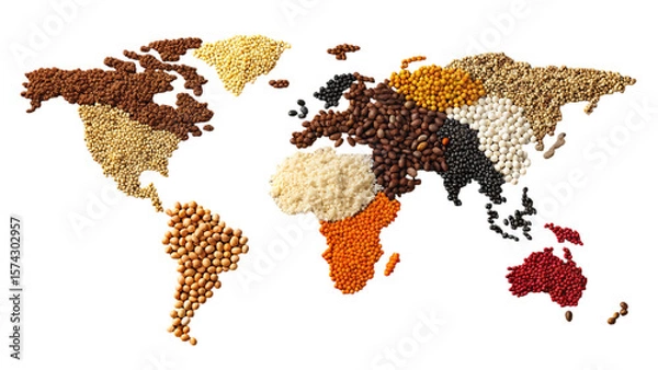 Fototapeta World map made of beans grains and pulses food art on transparent background