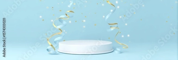 Fototapeta 3d white podium with flowing blue silk ribbons and golden confetti on pastel background elegant circular platform with sparkling particles and floating streamers for celebration or product display
