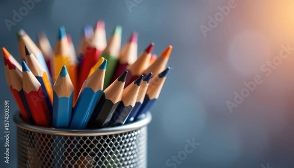 Fototapeta close up shot of pen cup with colored pencils and light bouncing off metal