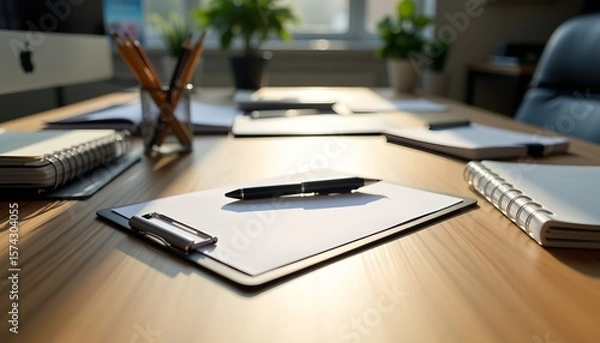 Fototapeta a modern, neatly organized office desk scene captured in a shallow depth of field, viewed from a low angle perspective