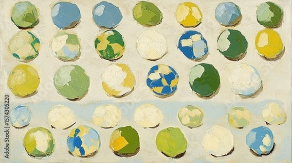 Fototapeta Painted globes array, studio setting, light blue background, art print
