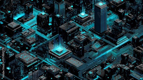 Fototapeta Futuristic Cyber City Isometric 3D Render with Neon Lights