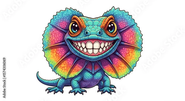 Fototapeta Cute colorful Australian frilled lizard with a big smile - isolated white background chibi illustration