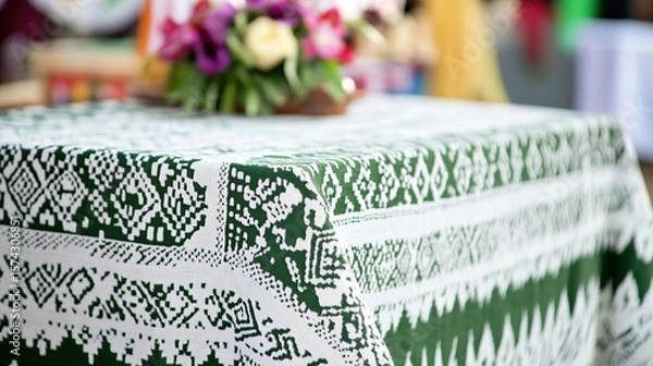 Fototapeta Green patterned tablecloth, market event, floral background, festive setting