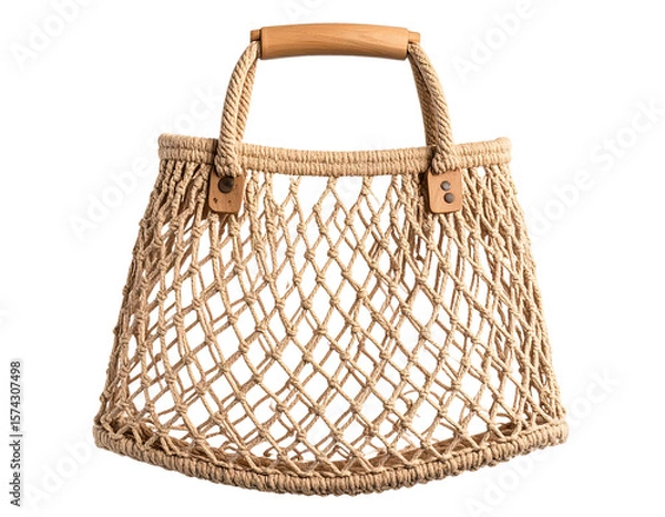 Fototapeta Rustic Fishing Net Bag with Wooden Frame and Handle, Isolated on Transparent Background PNG