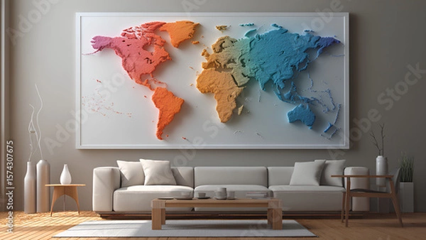 Fototapeta 3D World Map Wall Art in Modern Living Room Interior