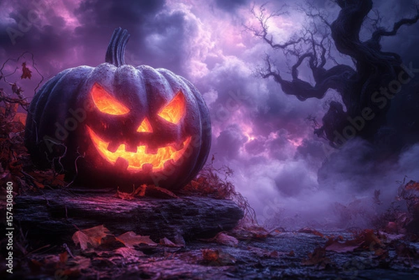 Fototapeta Glowing jack-o'-lantern on spooky night with twisted tree and ominous clouds