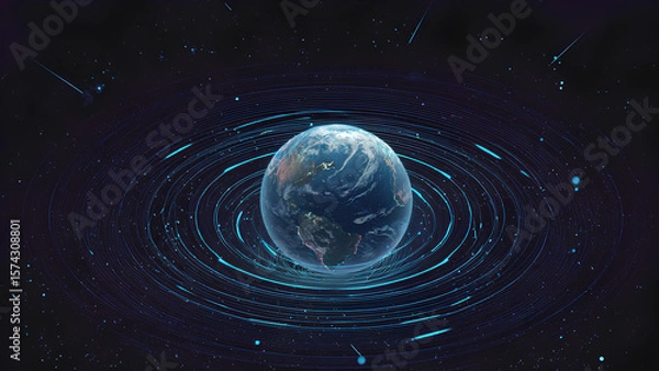 Fototapeta Digital Illustration of Planet Earth with Glowing Orbit Rings in Outer Space