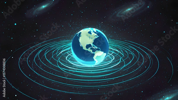 Fototapeta Digital Illustration of Planet Earth with Glowing Orbit Rings in Outer Space