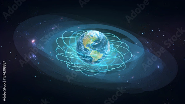 Fototapeta Futuristic Earth with Glowing Orbital Paths in Deep Space