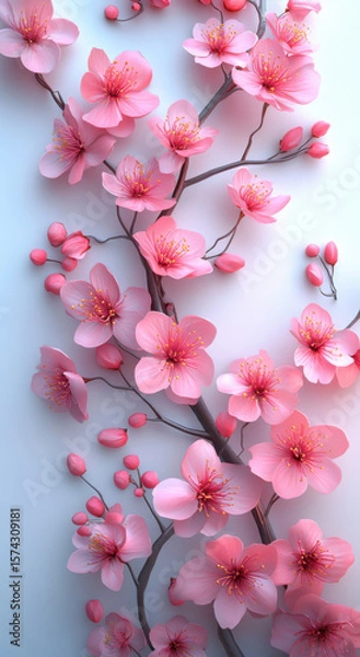 Fototapeta Pink cherry blossoms in full bloom on delicate branches create serene and elegant composition against soft background. vibrant petals and intricate details evoke sense of tranquility and beauty